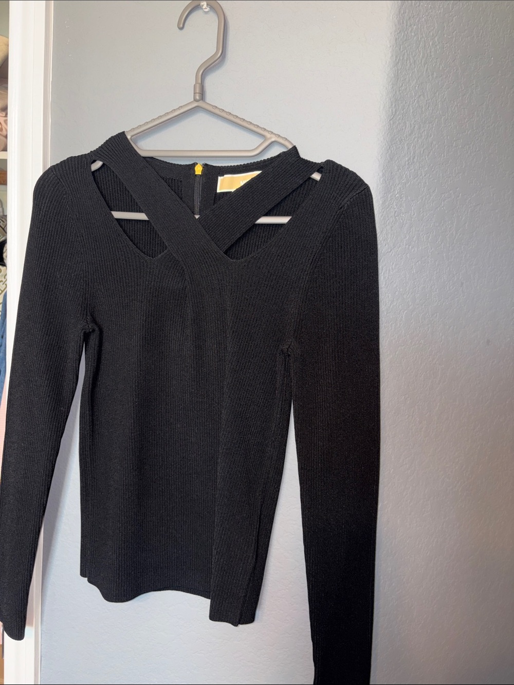 Michael Kors Black Ribbed Long Sleeve Top with Crisscross Detail